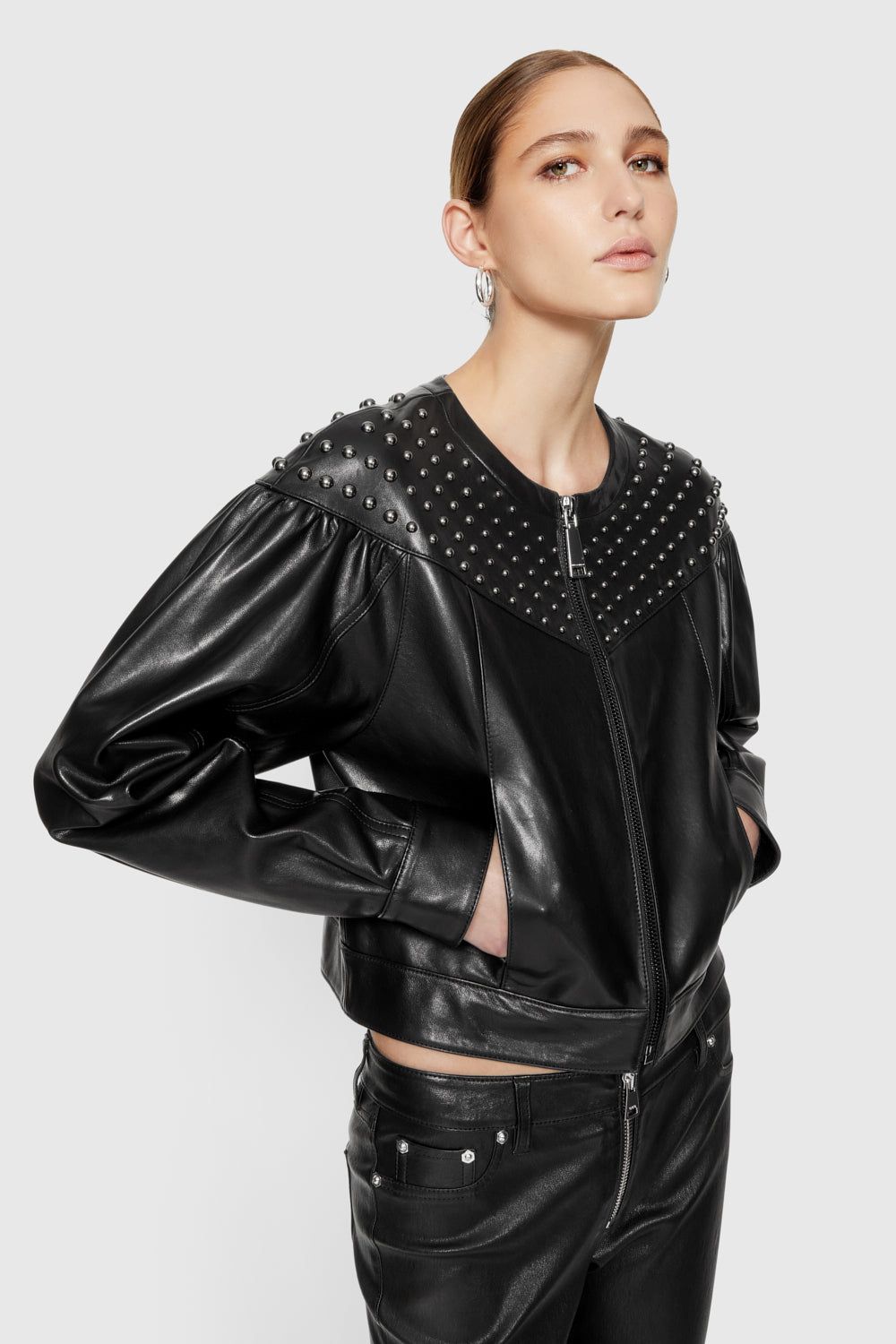 Black Rebecca Minkoff Ozzy Studded Leather Jacket | PJKDR-7483