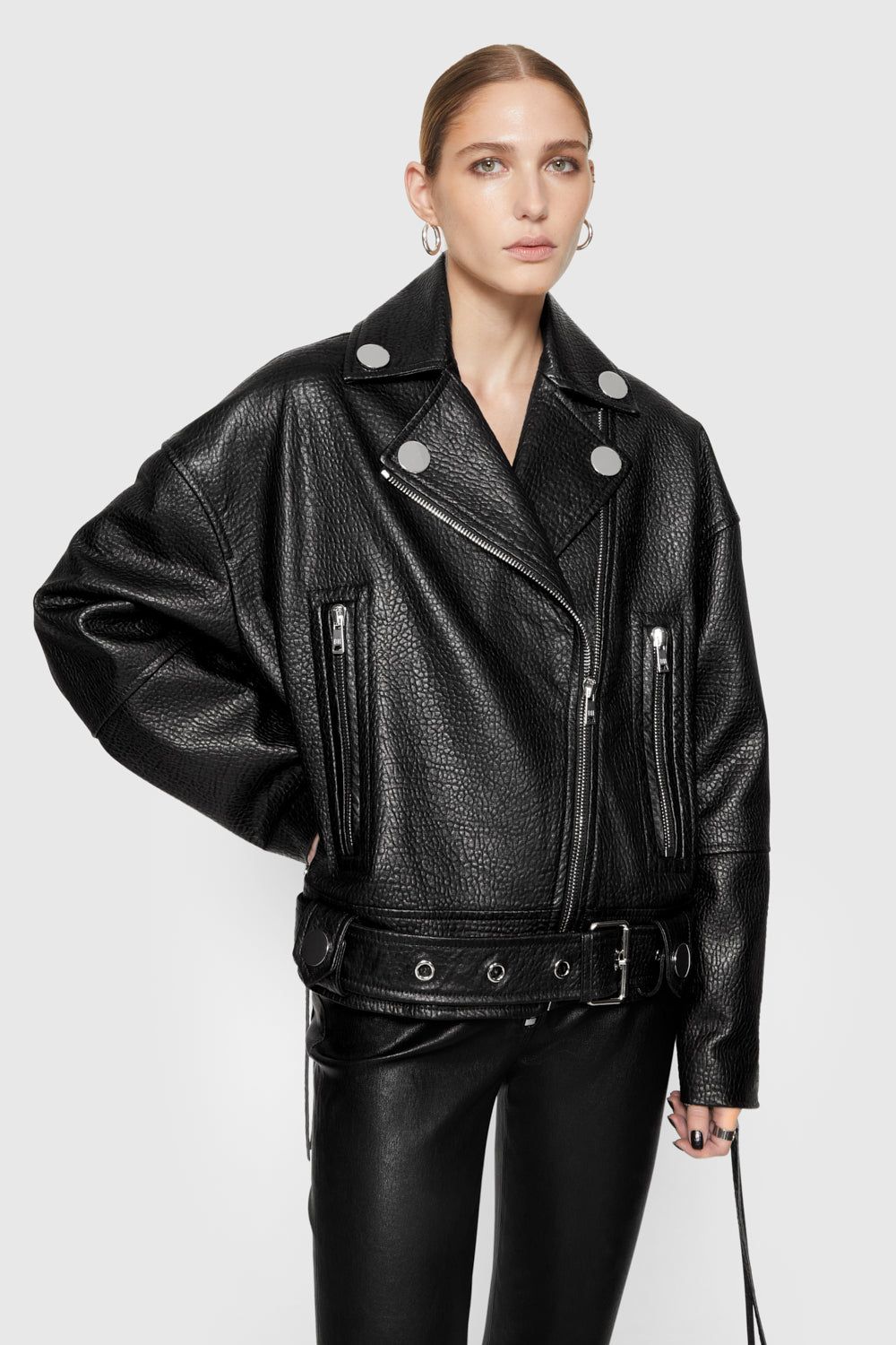 Black Rebecca Minkoff Stevie Oversized Leather Moto Jacket | OIVMC-5903