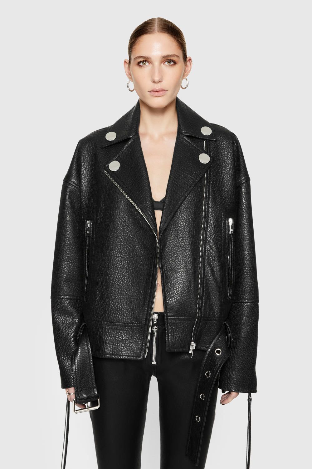 Black Rebecca Minkoff Stevie Oversized Leather Moto Jacket | OIVMC-5903