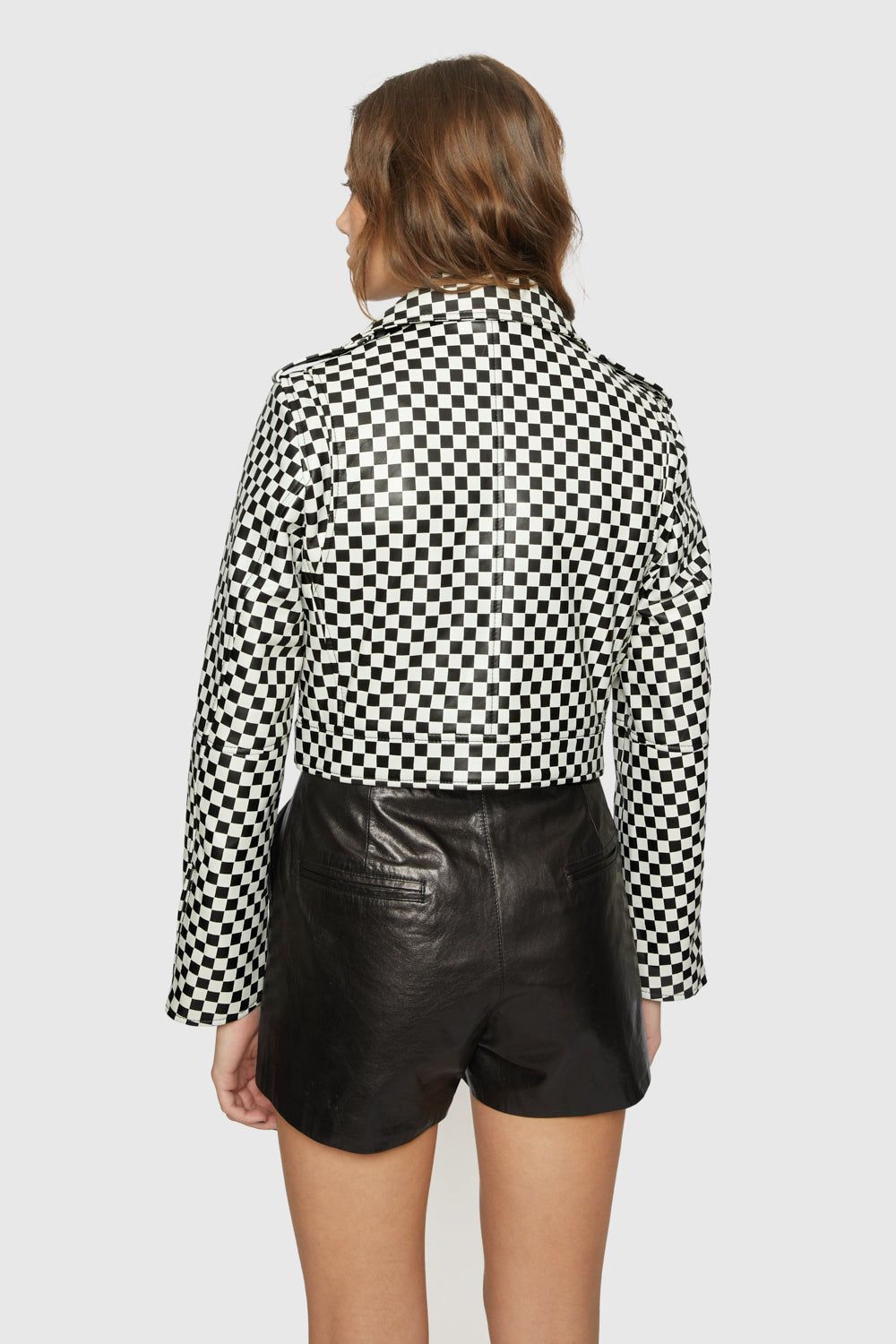 Black / White Rebecca Minkoff Checker Cropped Leather Jacket | DTKRW-9746