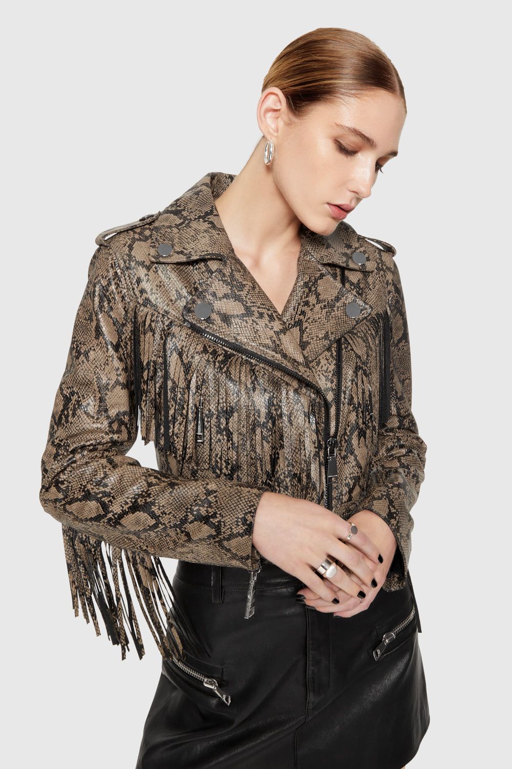 Python Printed Foil Rebecca Minkoff Janis Python Fringe Moto | QUIZP-2307