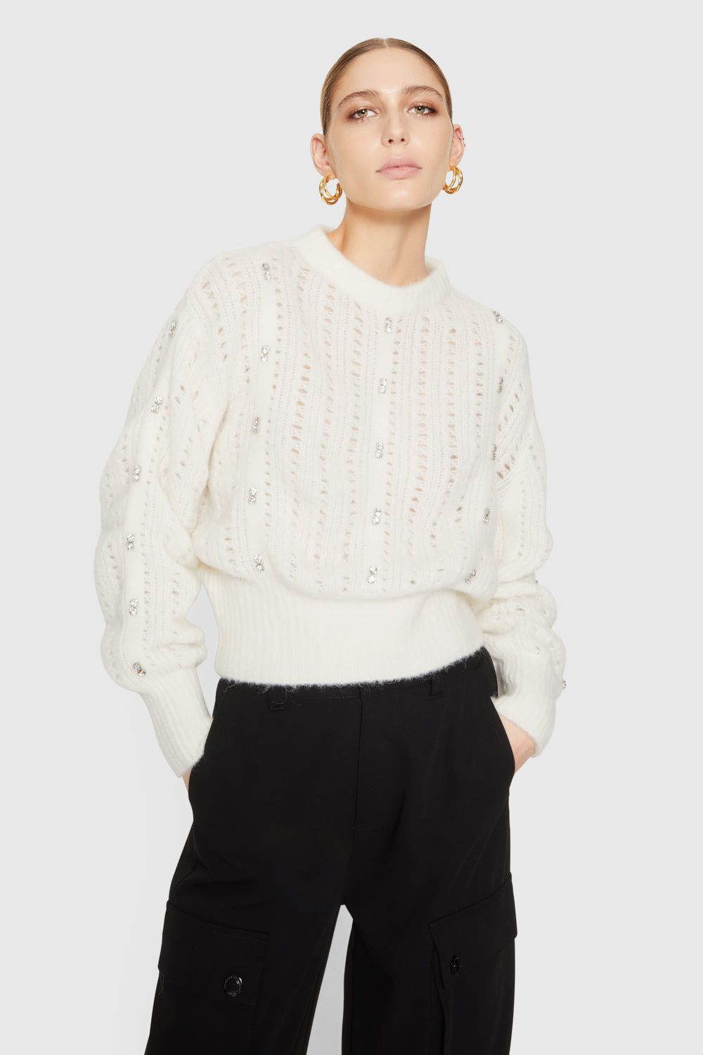 White Rebecca Minkoff Cecilia Crystal Embellished Sweater | MVYTC-8957