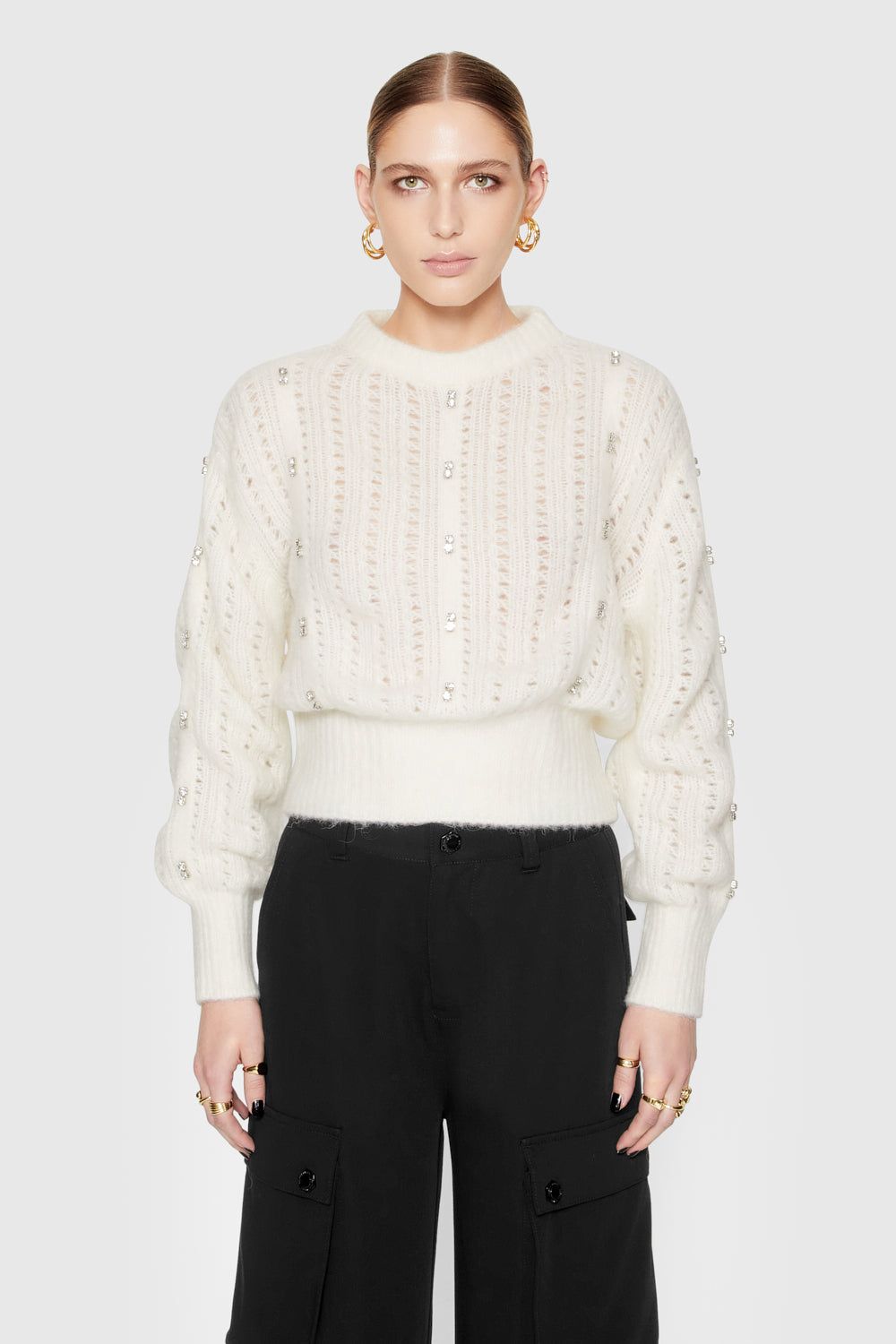 White Rebecca Minkoff Cecilia Crystal Embellished Sweater | MVYTC-8957